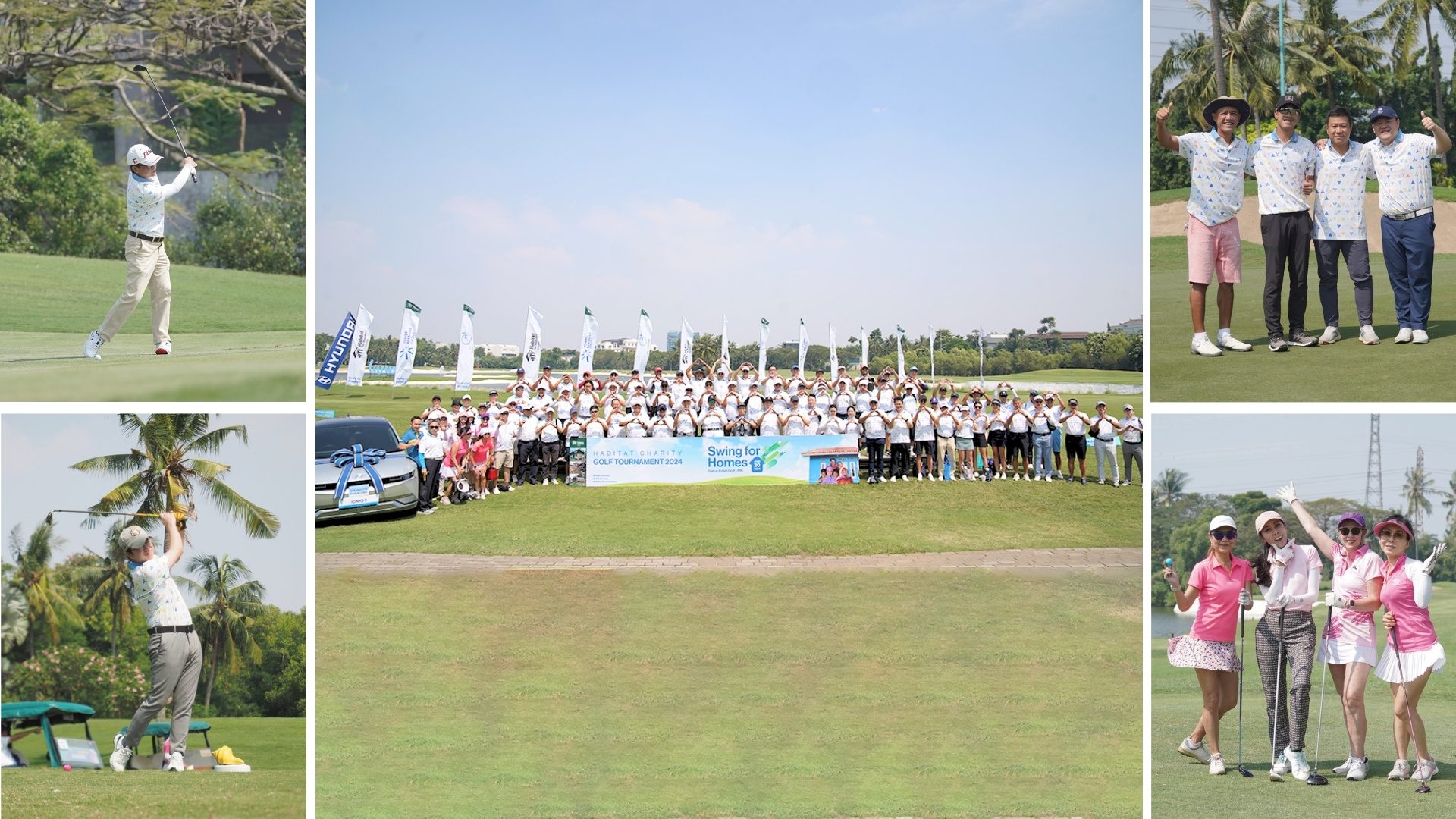 Participants at the Habitat Charity Golf Tournament 2024 swinging golf clubs at Damai Indah Golf PIK.