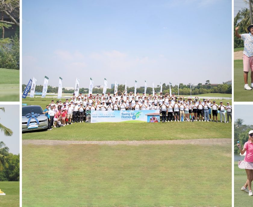 Participants at the Habitat Charity Golf Tournament 2024 swinging golf clubs at Damai Indah Golf PIK.